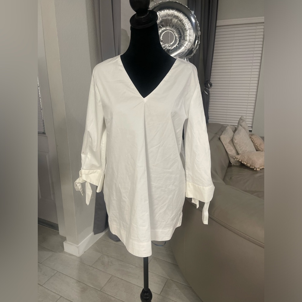 COS White Minimalist V-Neck Blouse Sz S Tie Sleeve Oversized Chic Quiet Luxury